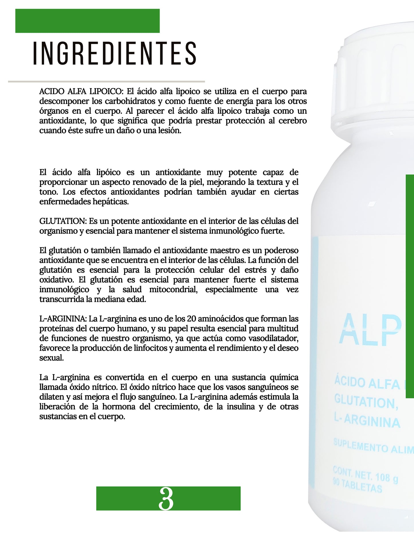 ALPHA-3 Ácido Alfa Lipoico, Glutatión y L-Arginina